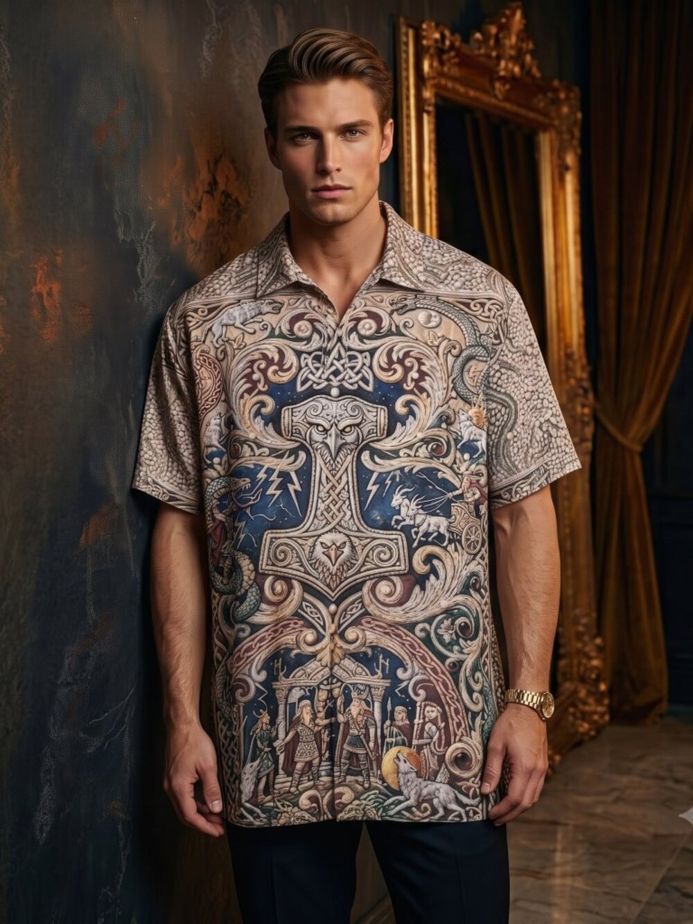 Conceptual Subculture Nordic Viking Cotton Mens Shirt Size 3X Baroque Polo Beige